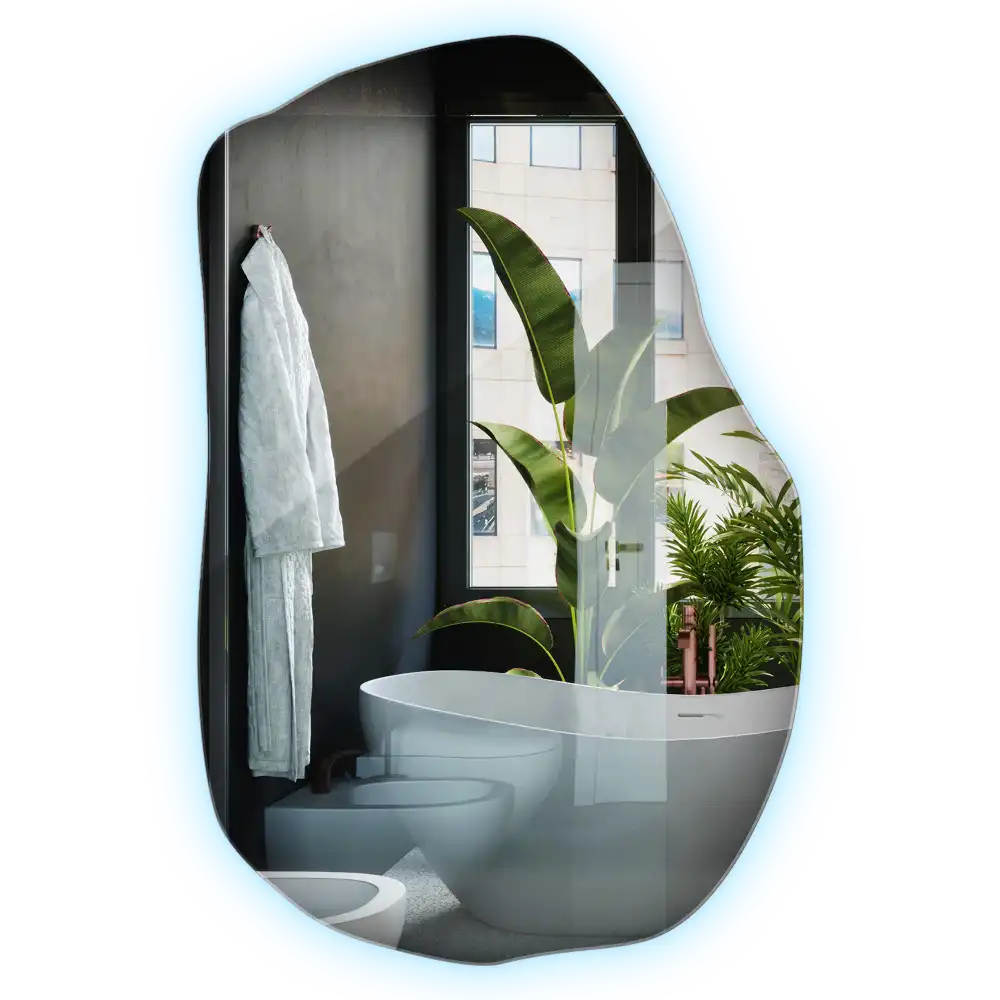 Oregelbunden spegel skulptural med led ljus