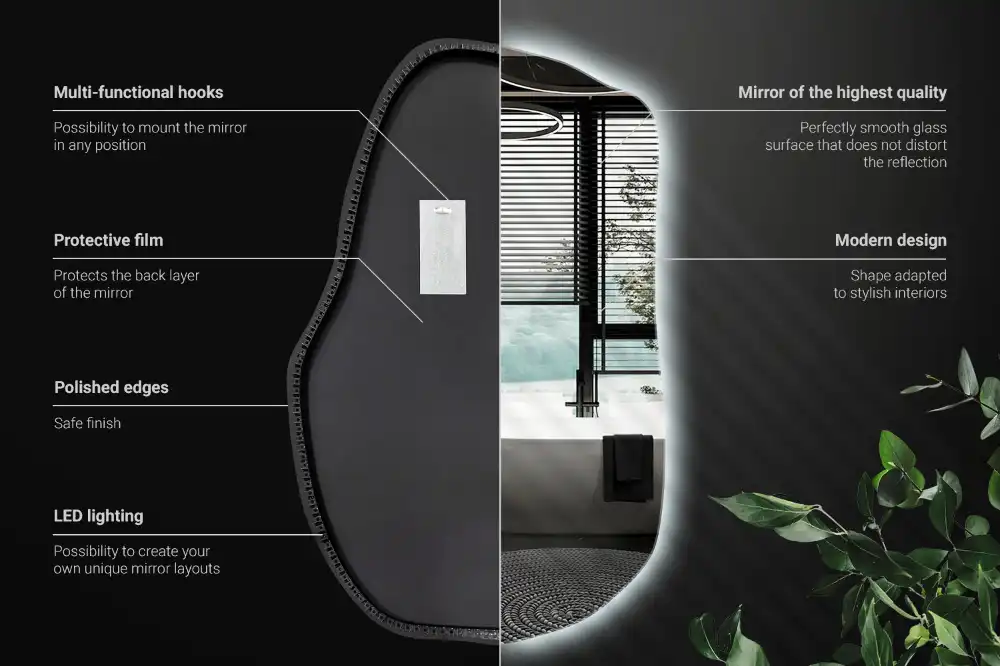 Oregelbunden spegel skulptural med led ljus