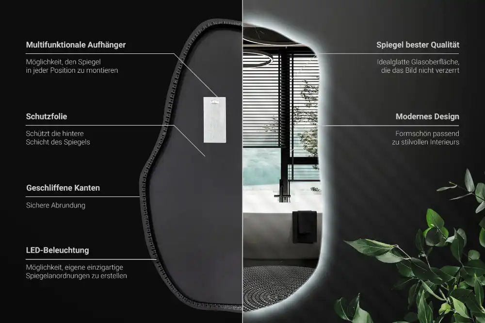 Oregelbunden spegel skulptural med led ljus