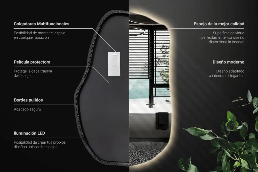 Oregelbunden spegel skulptural med led ljus