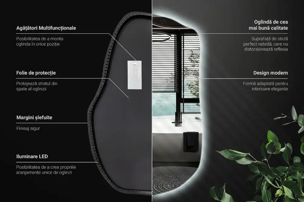 Oregelbunden spegel skulptural med led ljus