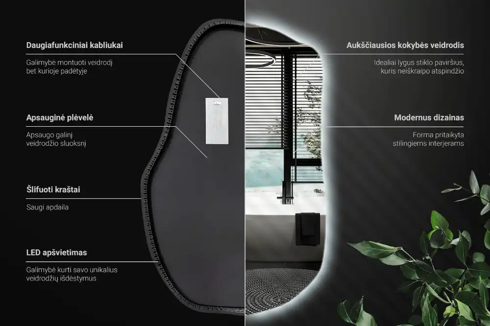 Oregelbunden spegel skulptural med led ljus