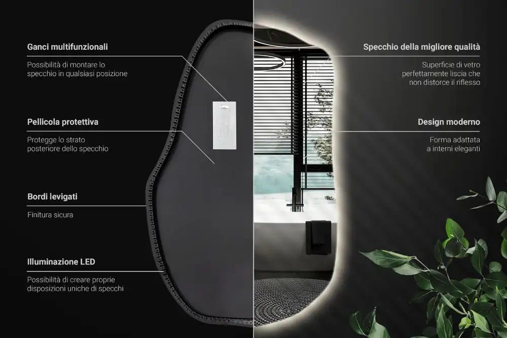 Oregelbunden spegel skulptural med led ljus