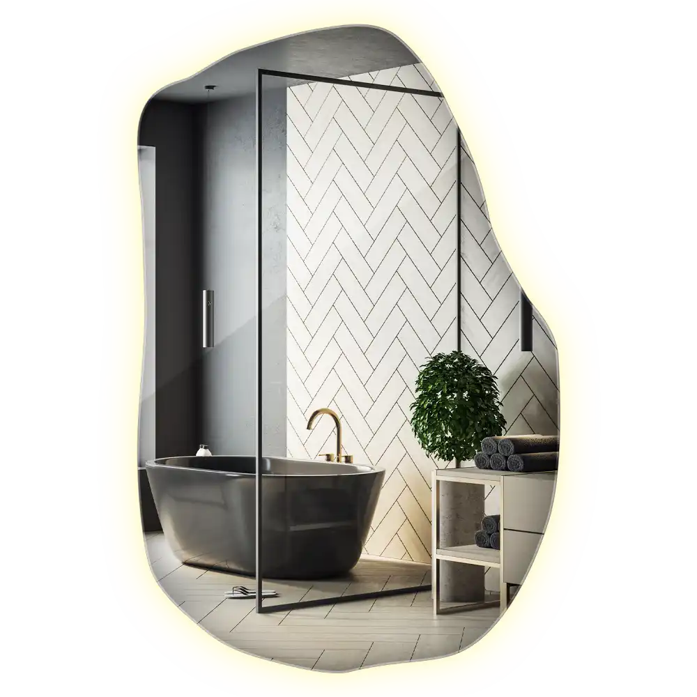 Oregelbunden spegel skulptural med led ljus