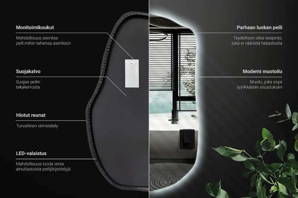 Oregelbunden spegel skulptural med led ljus