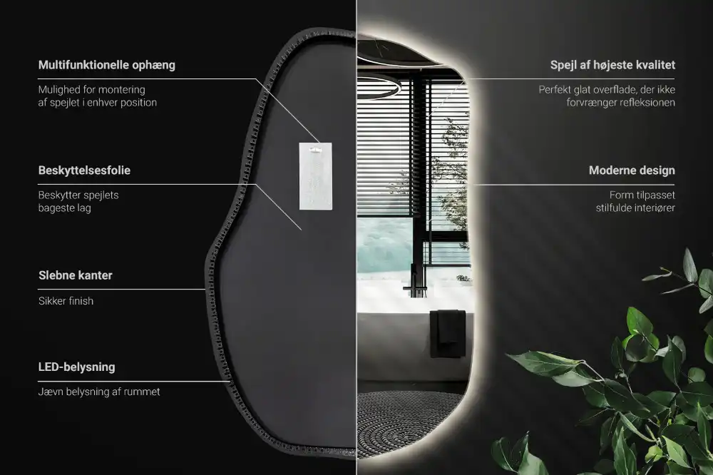 Oregelbunden spegel skulptural med led ljus