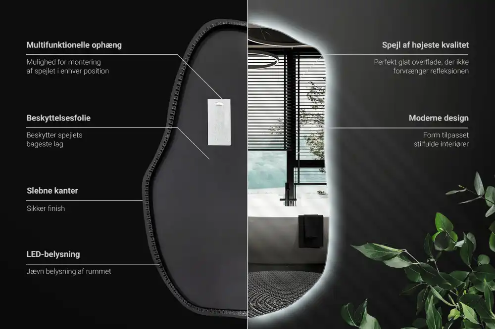 Oregelbunden spegel skulptural med led ljus