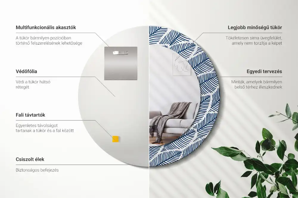 Rund spegel med tryckt ram Blad