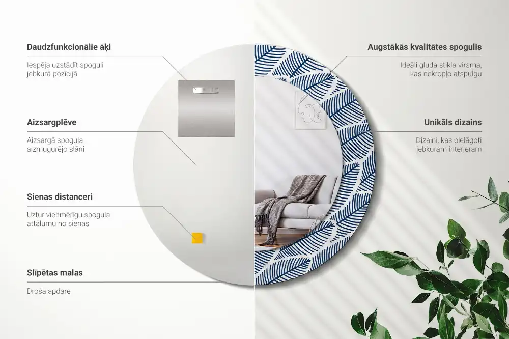 Rund spegel med tryckt ram Blad