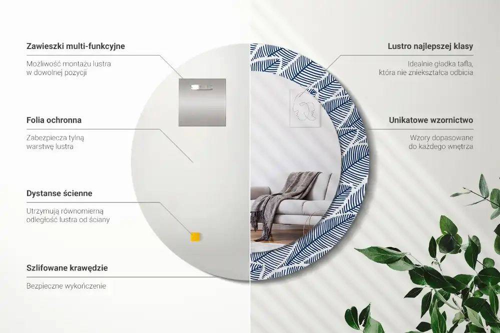 Rund spegel med tryckt ram Blad