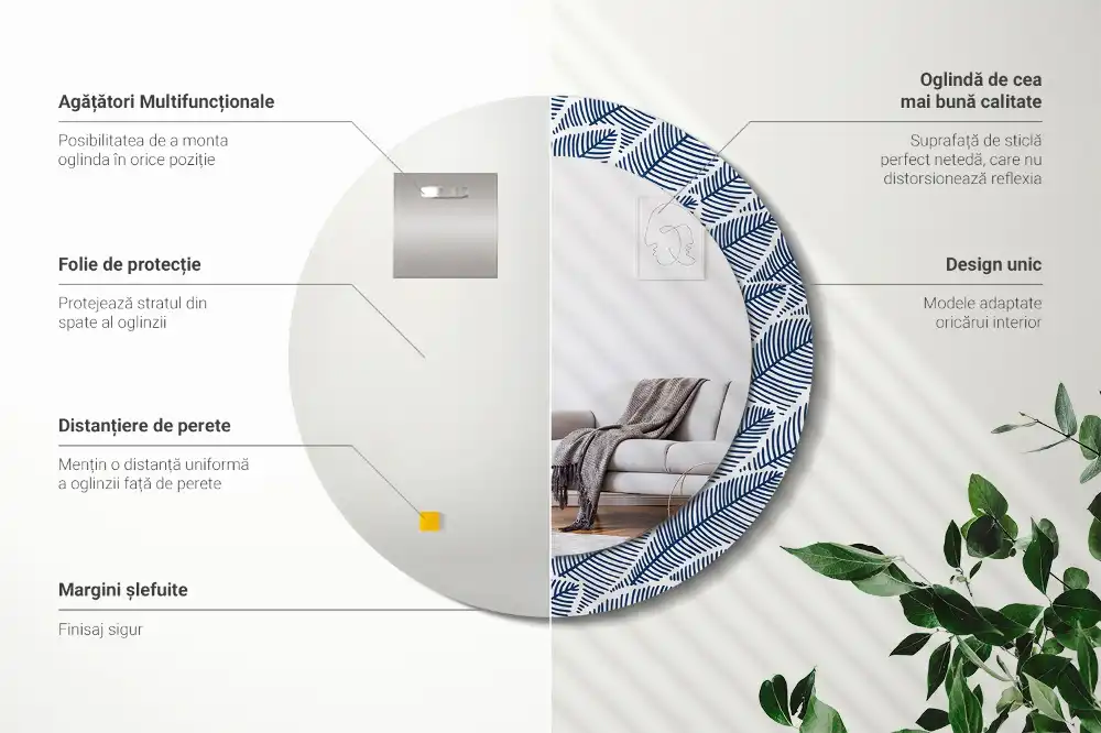 Rund spegel med tryckt ram Blad