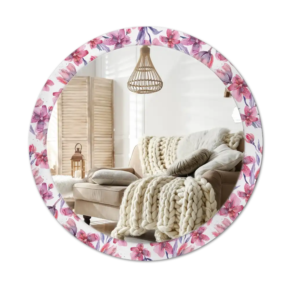 Rund spegel med tryckt ram Akvarell blommor