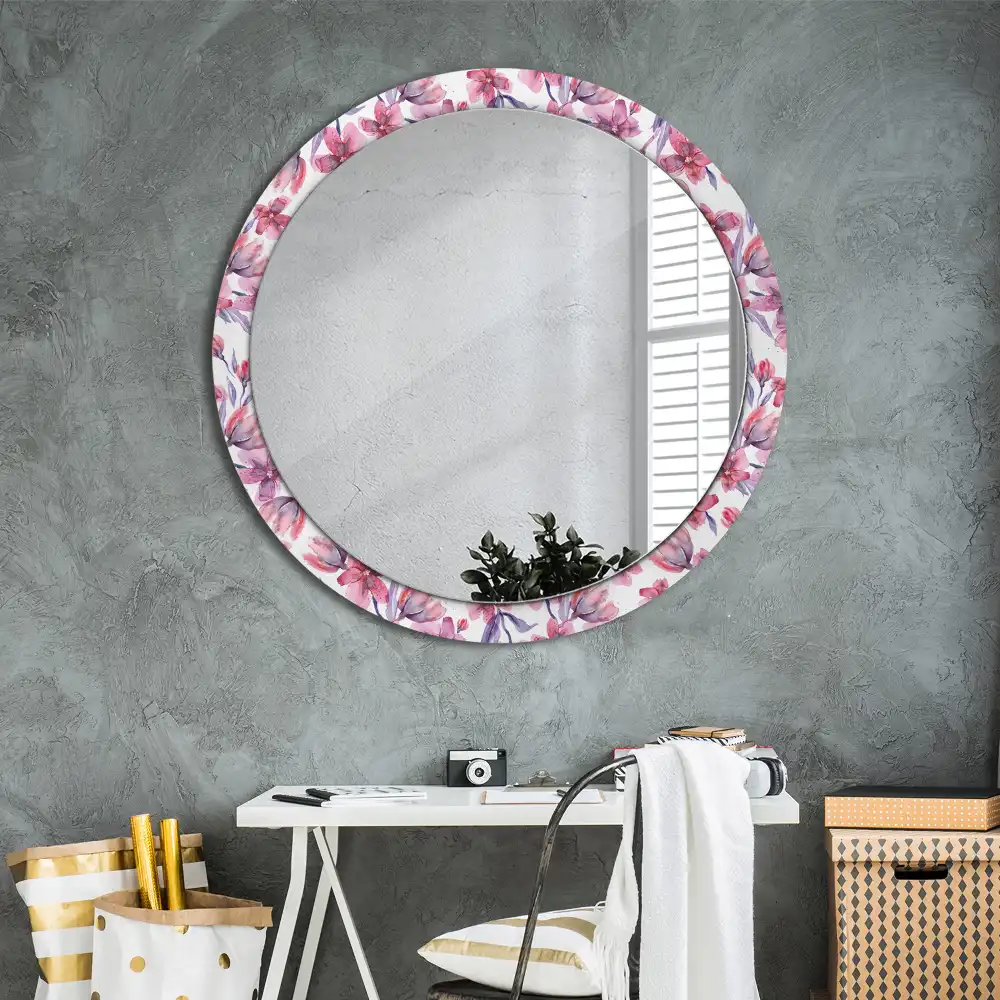 Rund spegel med tryckt ram Akvarell blommor