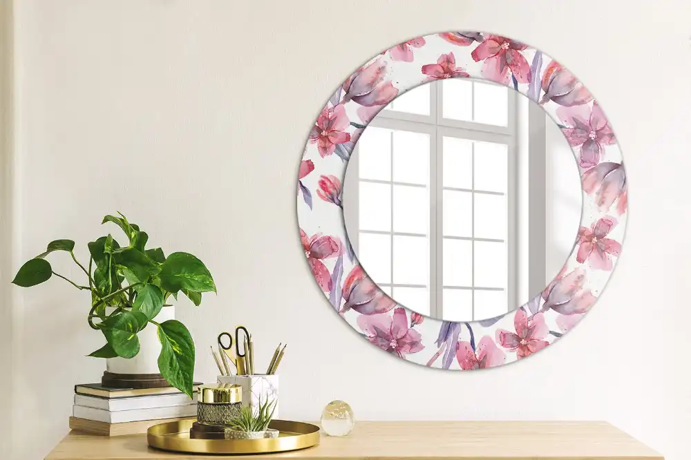 Rund spegel med tryckt ram Akvarell blommor