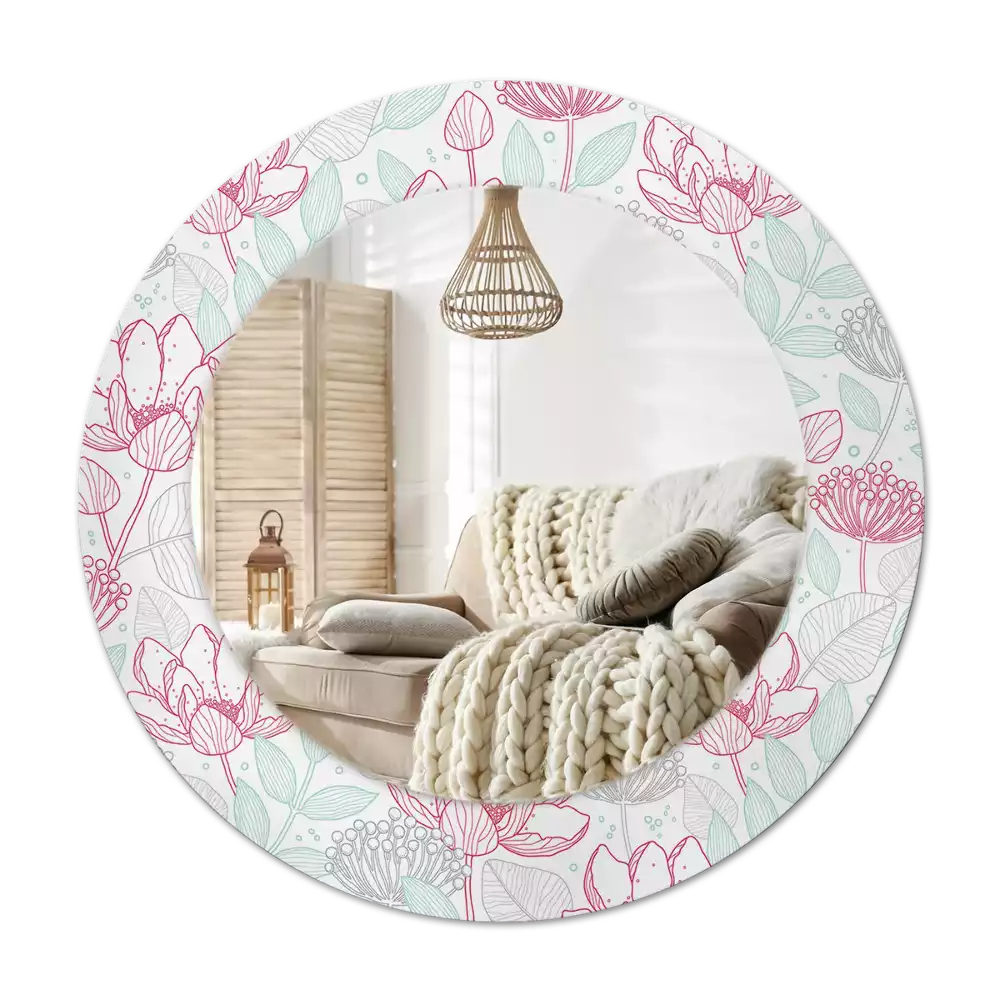 Rund spegel med tryckt Blommor