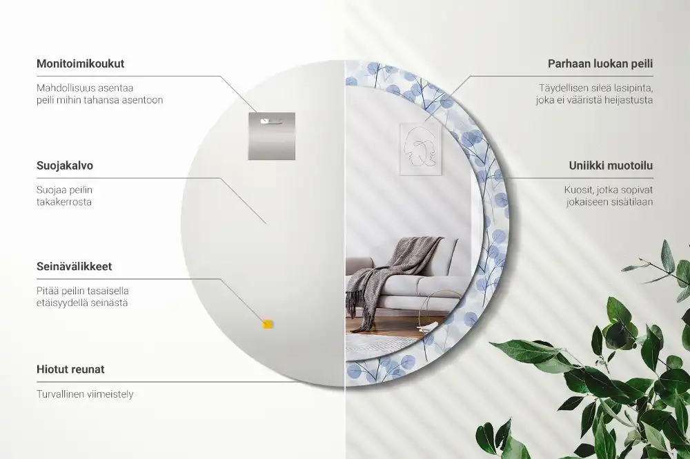 Rund spegel med tryckt ram Grenar och löv