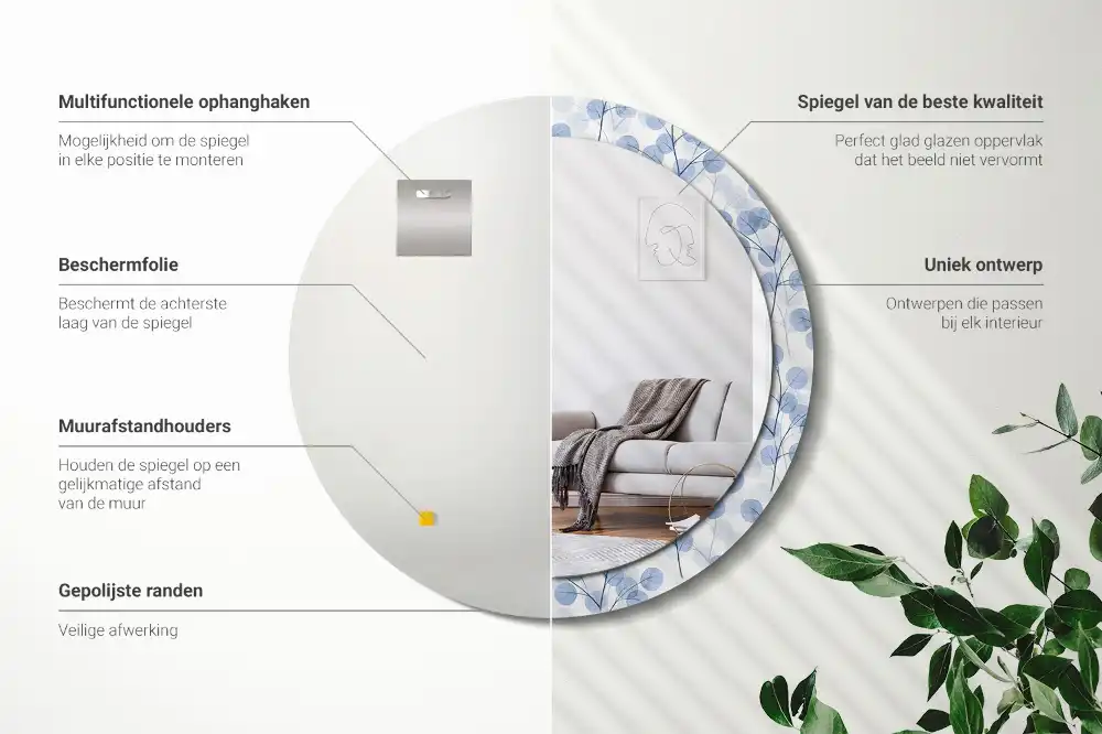 Rund spegel med tryckt ram Grenar och löv