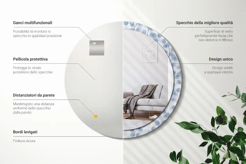 Rund spegel med tryckt ram Grenar och löv