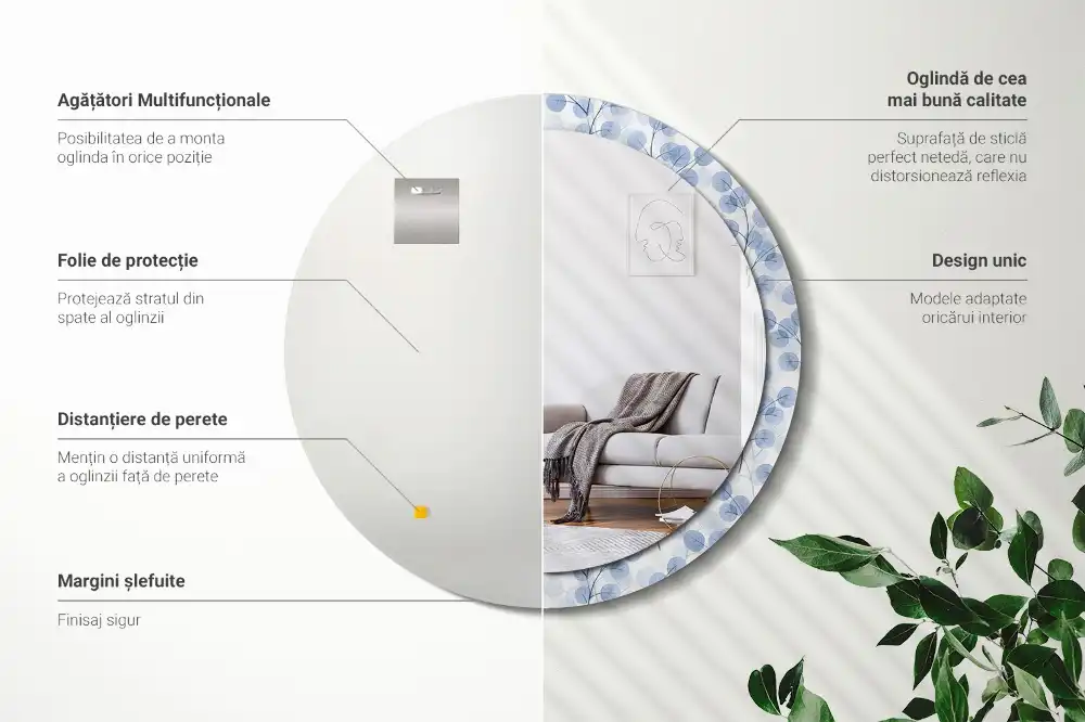 Rund spegel med tryckt ram Grenar och löv