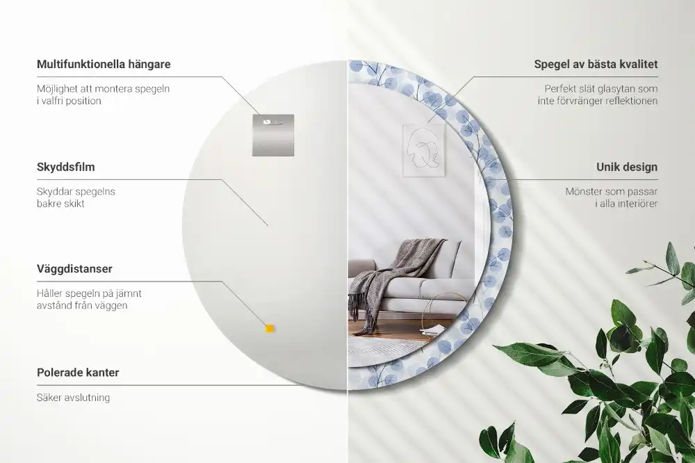 Rund spegel med tryckt ram Grenar och löv