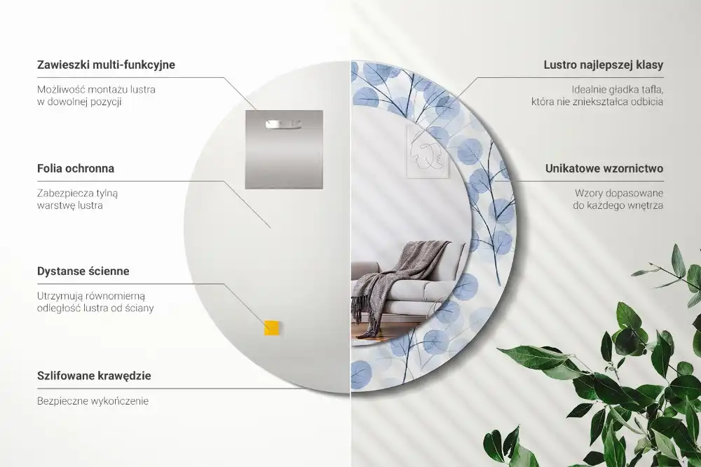 Rund spegel med tryckt ram Grenar och löv