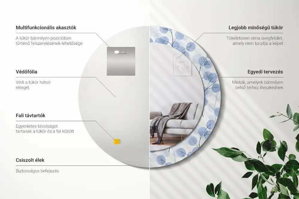 Rund spegel med tryckt ram Grenar och löv