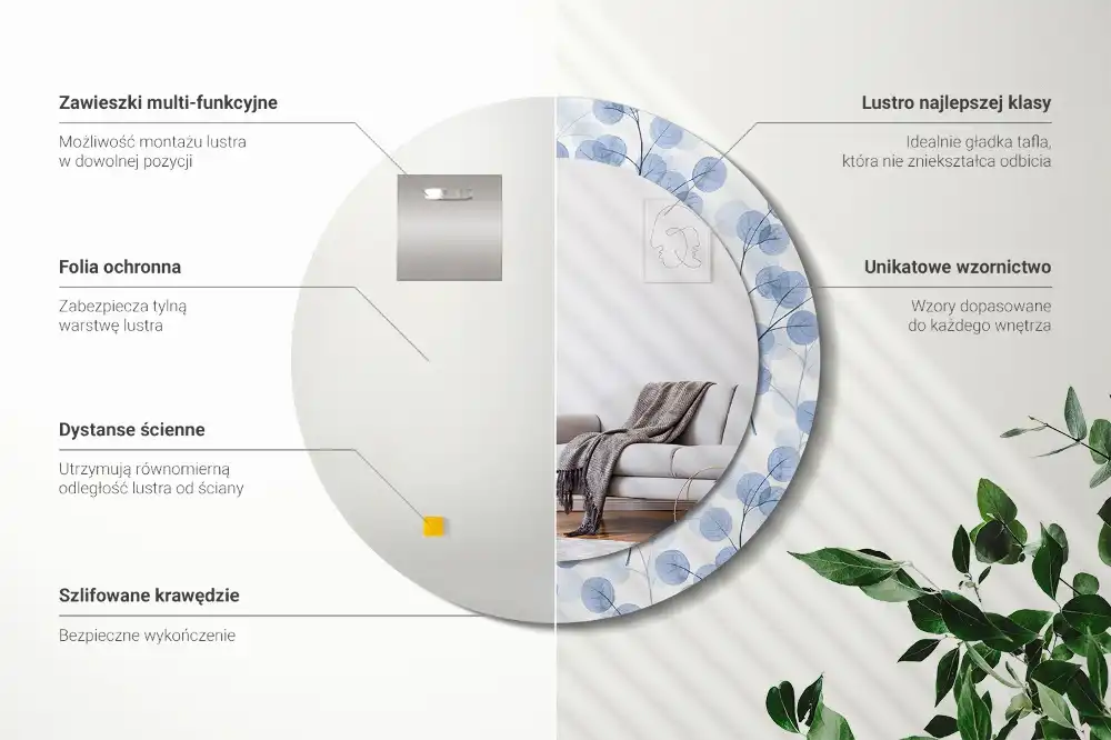 Rund spegel med tryckt ram Grenar och löv