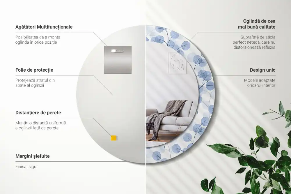 Rund spegel med tryckt ram Grenar och löv