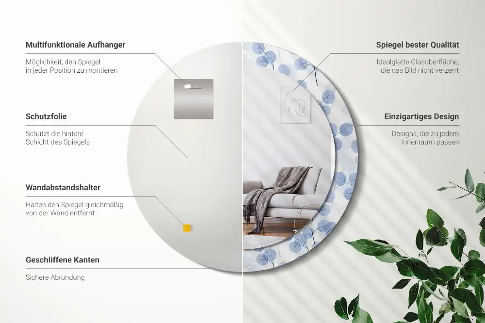 Rund spegel med tryckt ram Grenar och löv