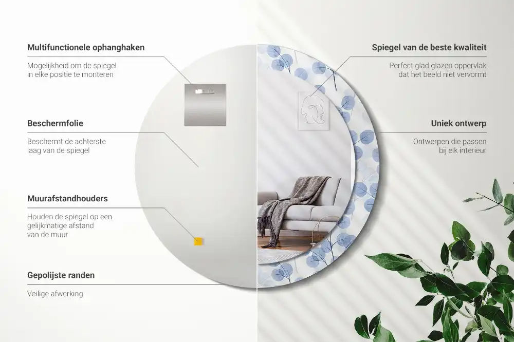 Rund spegel med tryckt ram Grenar och löv