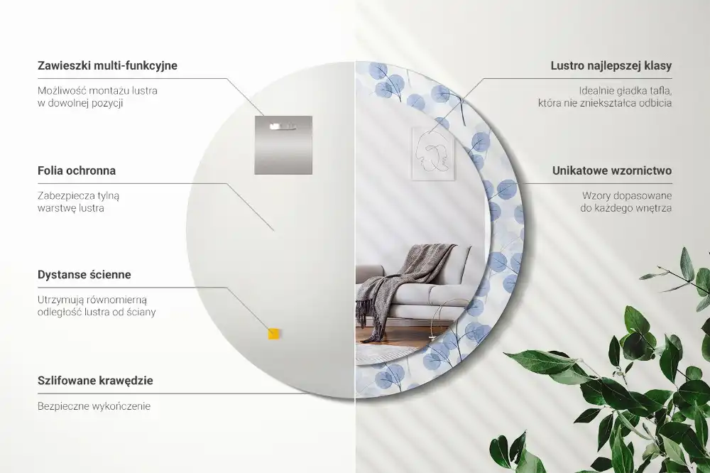 Rund spegel med tryckt ram Grenar och löv