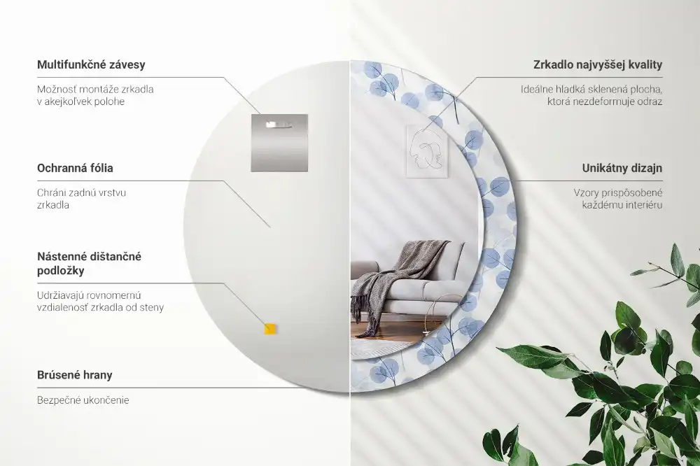 Rund spegel med tryckt ram Grenar och löv