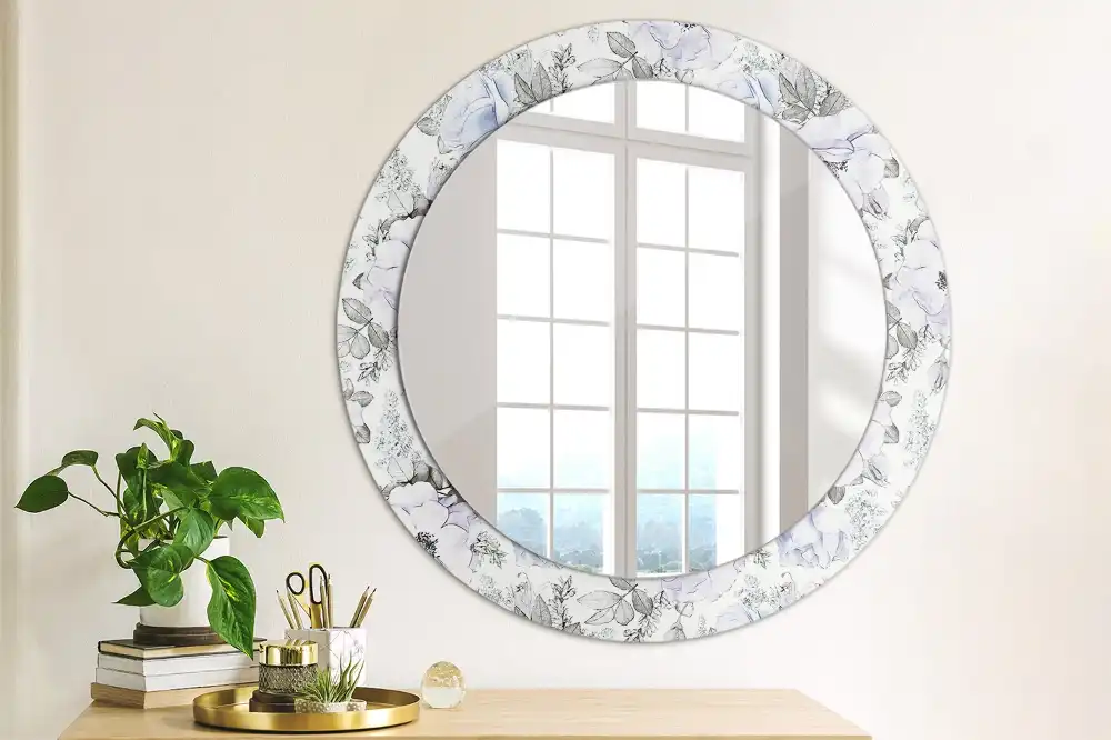 Rund spegel med tryckt Blå rosor