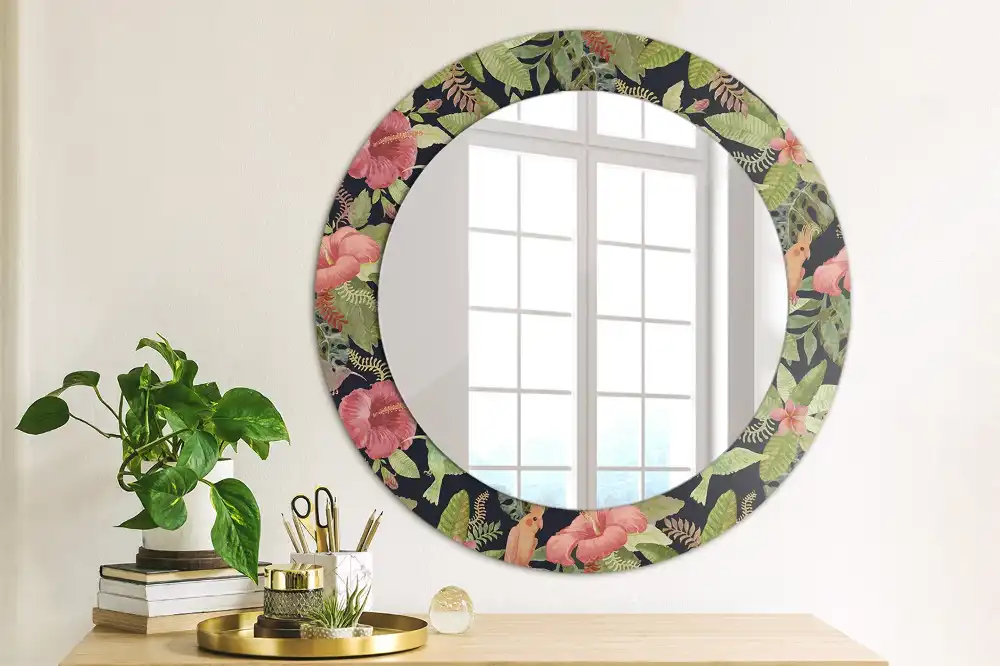 Rund spegel med tryckt Hibiskus blommor