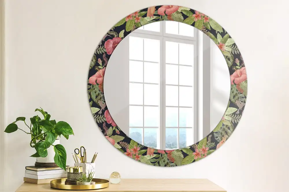 Rund spegel med tryckt Hibiskus blommor
