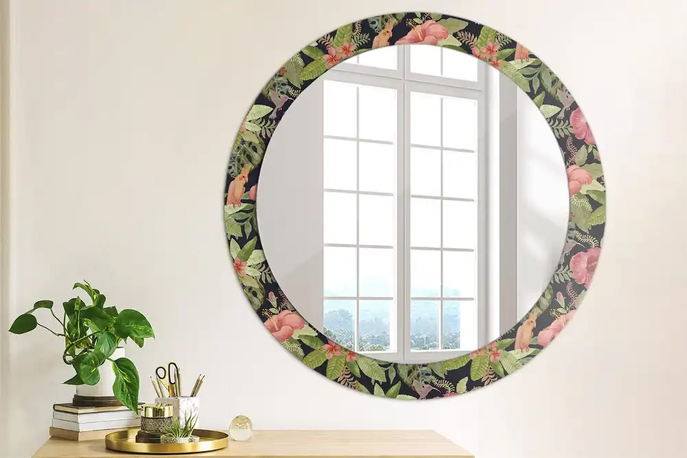 Rund spegel med tryckt Hibiskus blommor