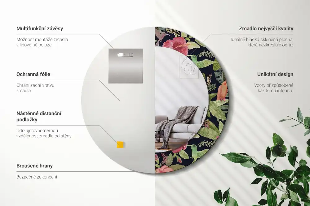 Rund spegel med tryckt Hibiskus blommor