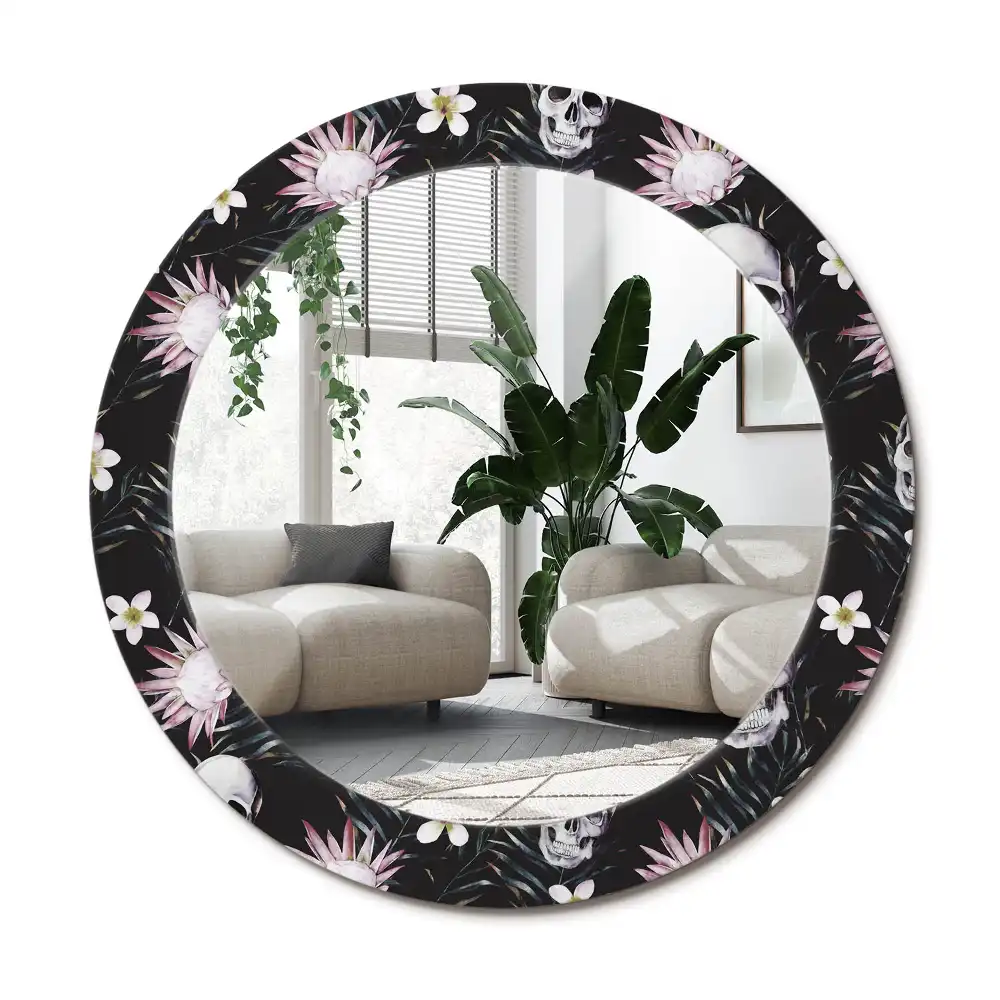 Rund spegel med tryckt ram Skalle blommor