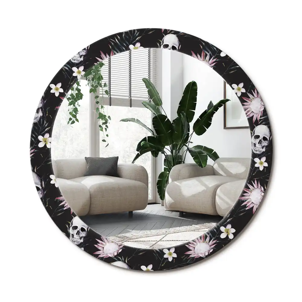 Rund spegel med tryckt ram Skalle blommor