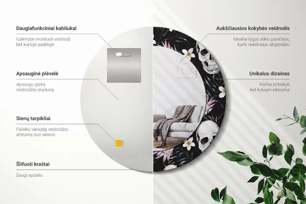 Rund spegel med tryckt ram Skalle blommor