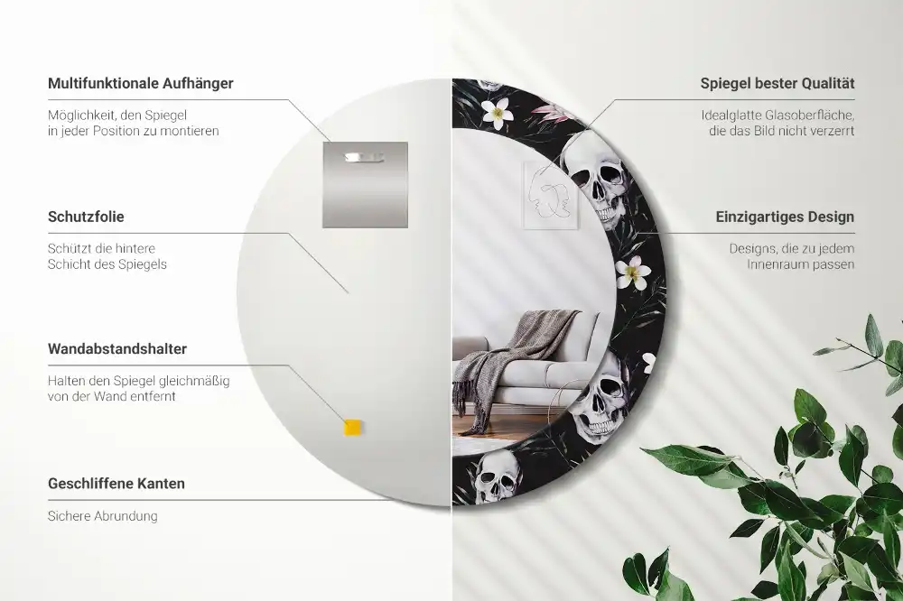 Rund spegel med tryckt ram Skalle blommor