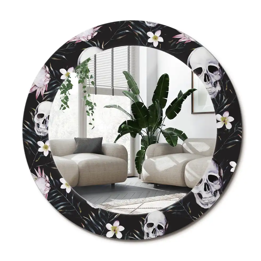 Rund spegel med tryckt ram Skalle blommor
