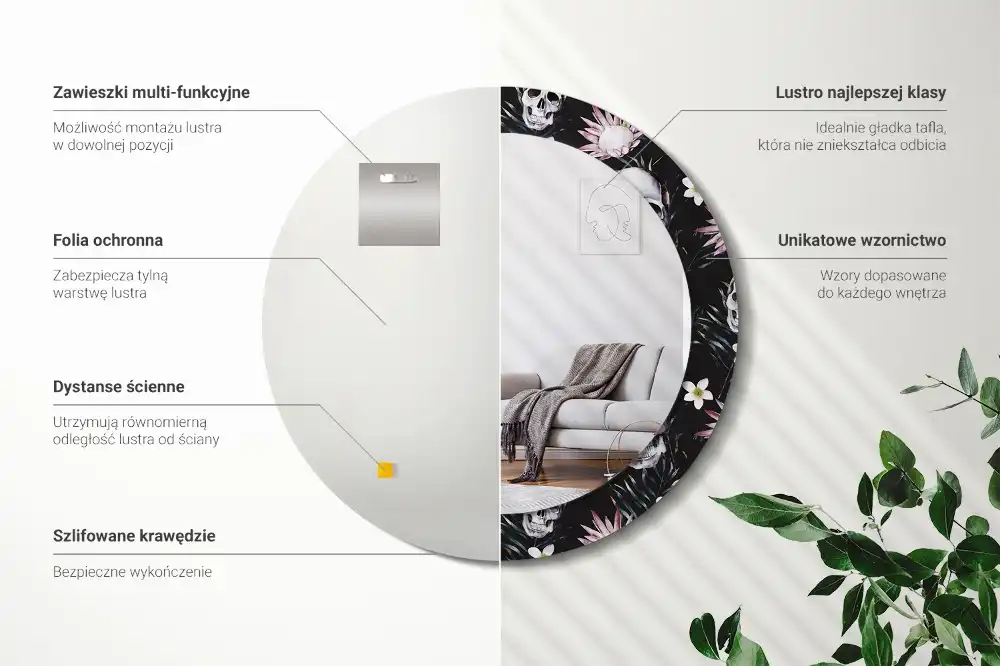 Rund spegel med tryckt ram Skalle blommor