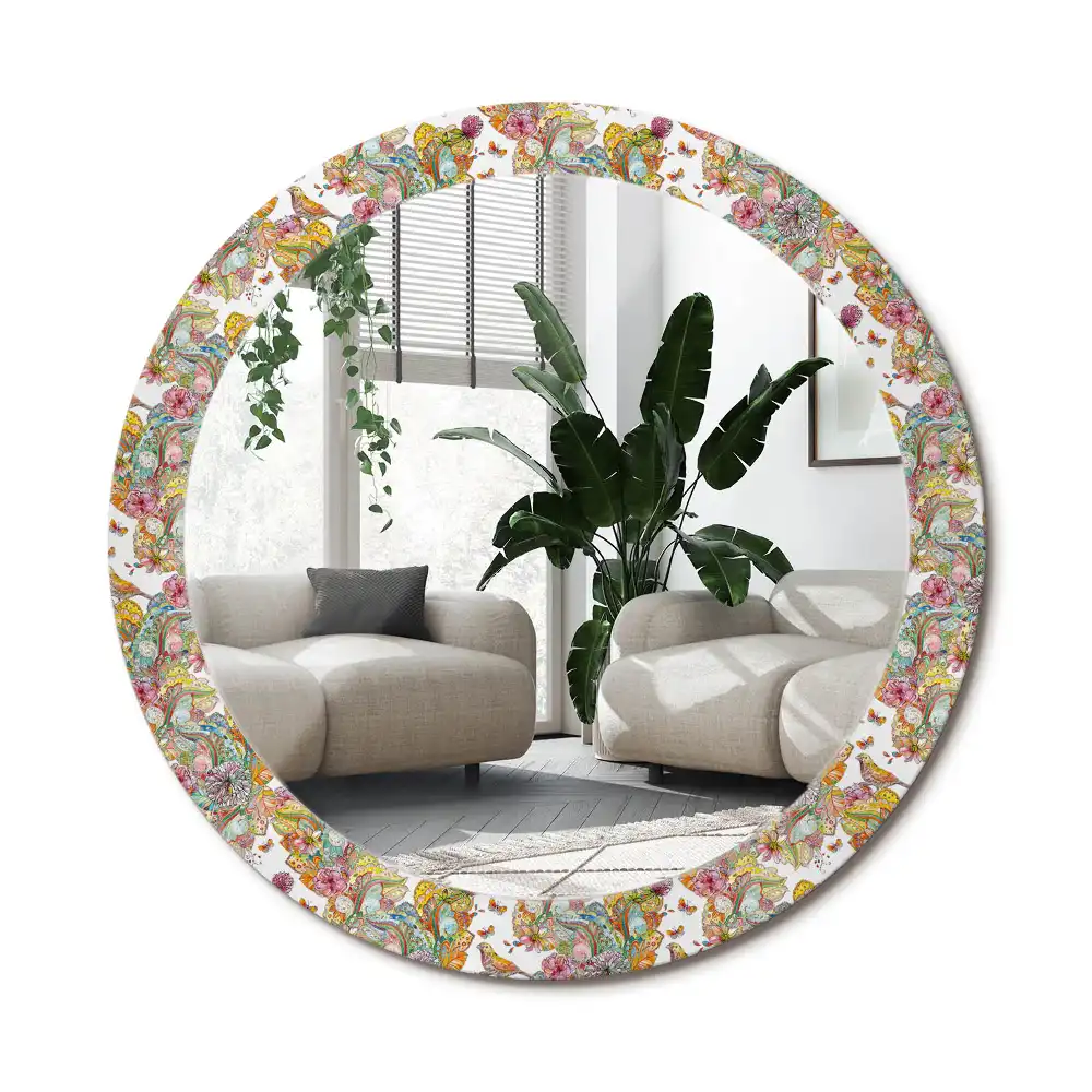 Rund spegel med tryckt ram Saga blommor