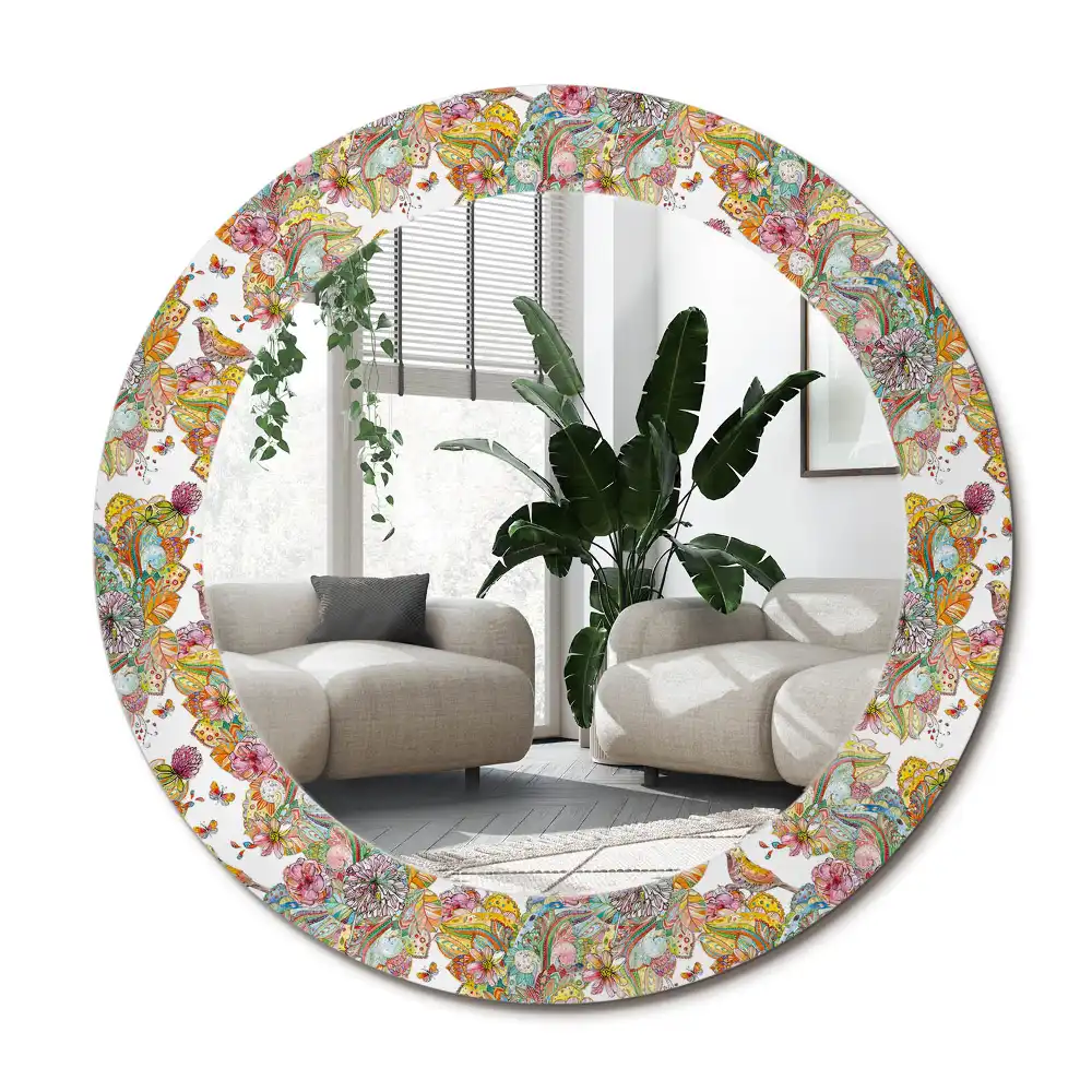 Rund spegel med tryckt ram Saga blommor