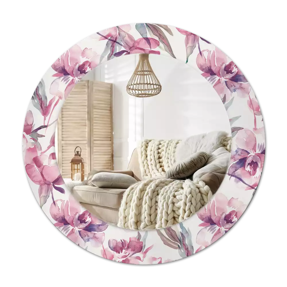 Rund spegel med tryckt ram Pionblommor