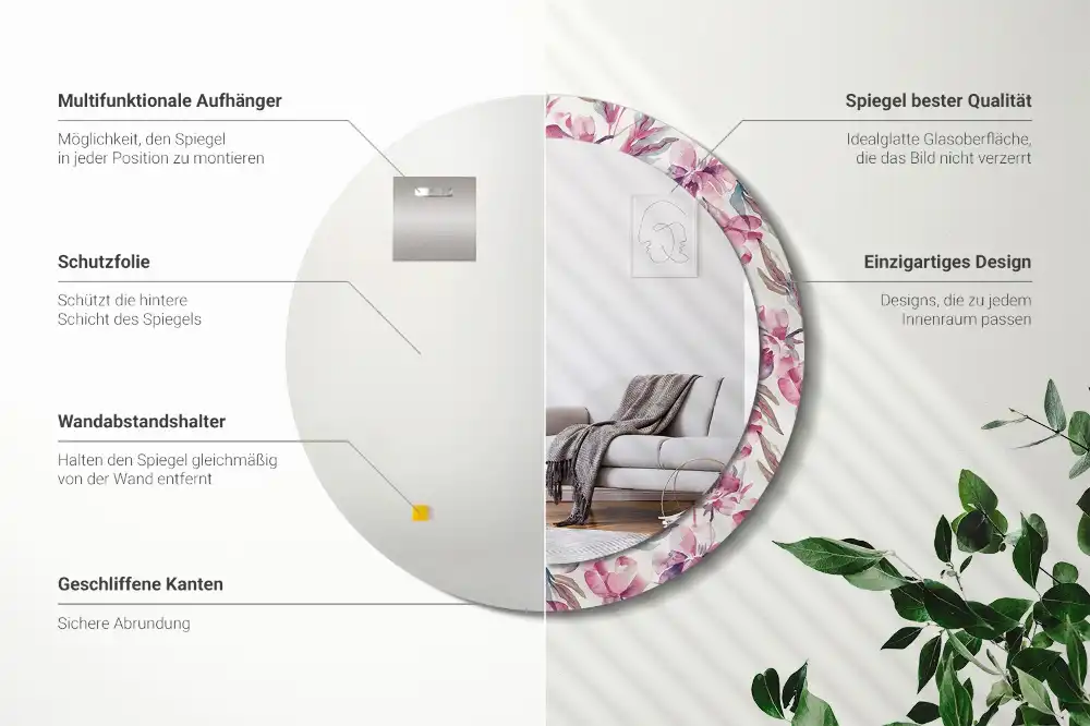 Rund spegel med tryckt ram Pionblommor