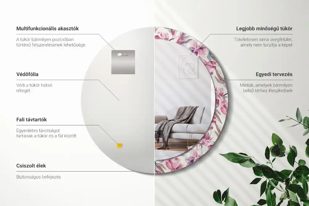 Rund spegel med tryckt ram Pionblommor