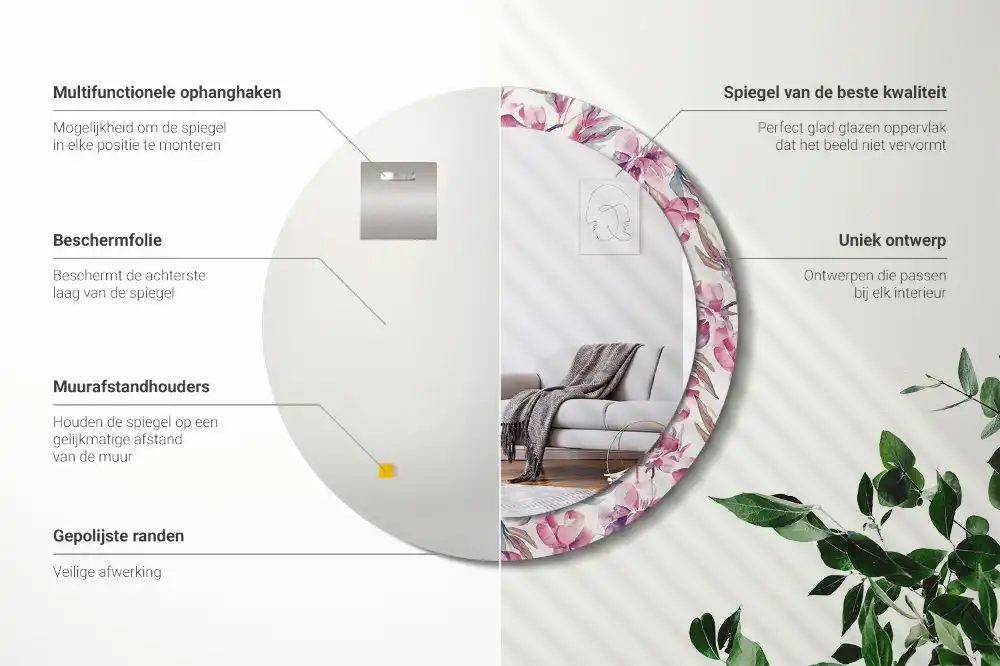 Rund spegel med tryckt ram Pionblommor