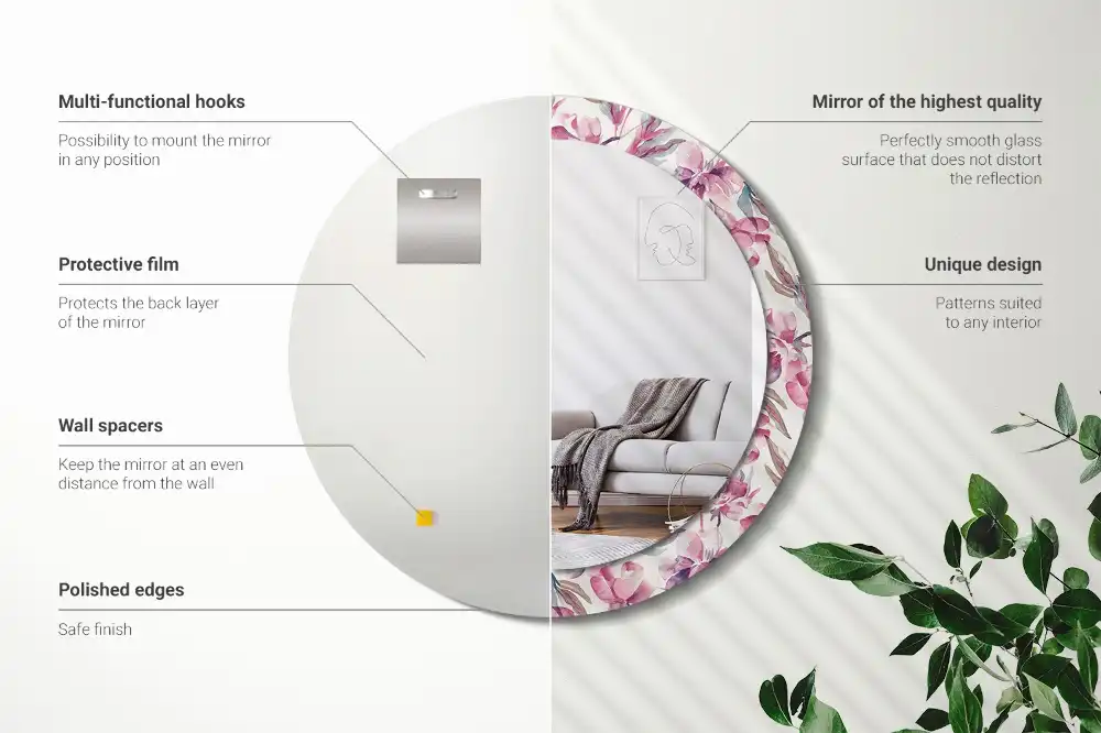 Rund spegel med tryckt ram Pionblommor